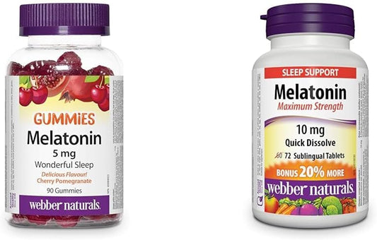 Webber Naturals Melatonin 5 mg Extra Strength Gummy, 90 Gummies, Cherry Pomegranate Flavour & Melatonin 10 mg Maximum Strength, 72 Quick Dissolve Tablets, For Sleep Support, Vegetarian