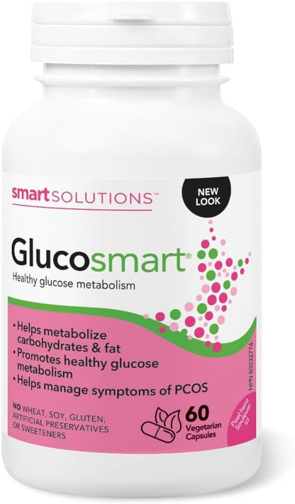 Smart Solutions Glucosmart 胶囊，促进健康的血糖代谢，帮助控制多囊卵巢综合征 (PCOS) 症状。含 600 毫克 D-手性肌醇，不含麸质、大豆，不含人工防腐剂或甜味剂，60 粒装