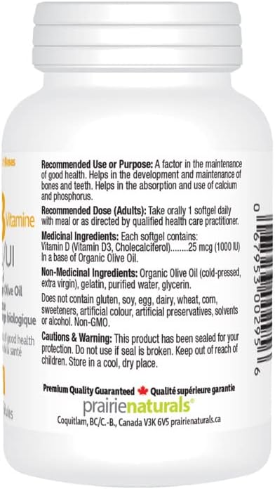 Prairie Naturals 维生素 D3 胆钙化醇 1,000 IU 有机特级初榨橄榄油软胶囊 - 180 粒
