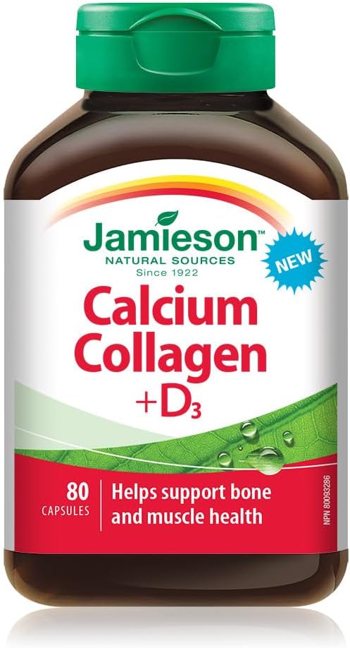 Jamieson Calcium 250 mg, Collagen 150 mg, Plus Vitamin D3 500 IU Capsules, Hydrolyzed Collagen, Supports Bone Health, Muscle Function, Helps Prevent Osteoporosis and Bone Loss. Non-GMO, Gluten-Free, 80 Count, Proudly Canadian