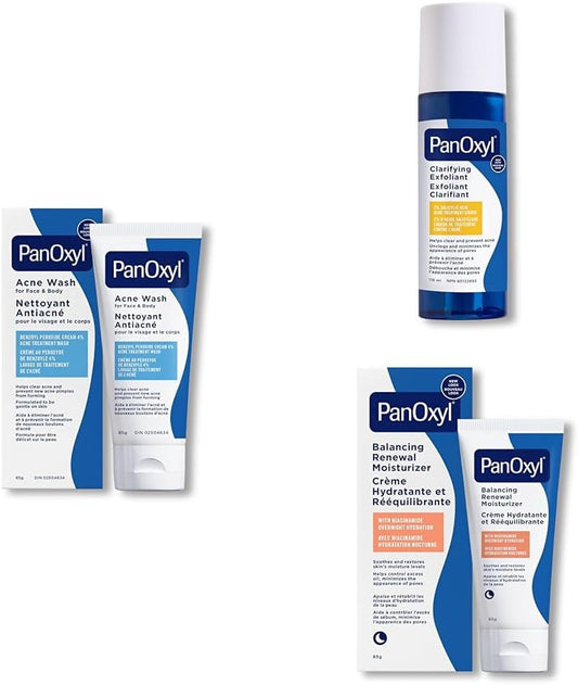 PanOxyl 4% Benzoyl Peroxide Face Wash, Clarifying Exfoliant with 2% Salicylic Acid, and Balancing Renewal Moisturizer Bundle