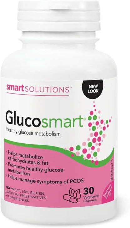 Smart Solutions Glucosmart 胶囊，促进健康的血糖代谢，帮助控制多囊卵巢综合征 (PCOS) 症状。含 600 毫克 D-手性肌醇，不含麸质、大豆，不含人工防腐剂或甜味剂，30 粒装