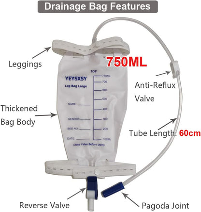 帶防反流室的尿液引流袋，750 毫升/25 盎司 25 英寸引流管，豪華織物腿袋（4 個裝）