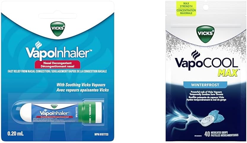 Vicks Vapoinhaler 鼻腔减充血剂，含舒缓蒸汽和 VapoCOOL Max 药用滴剂，用于暂时缓解咳嗽和咽喉痛，润喉糖，冬霜味，40 粒