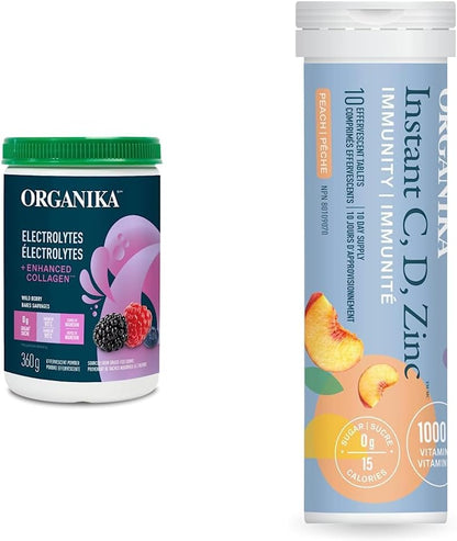Organika 電解質 + 增強膠原蛋白 - 野莓風味 & 速溶維生素 C、D、鋅泡騰片 - 桃子風味 - 免疫支持 - 單管 x 10 片