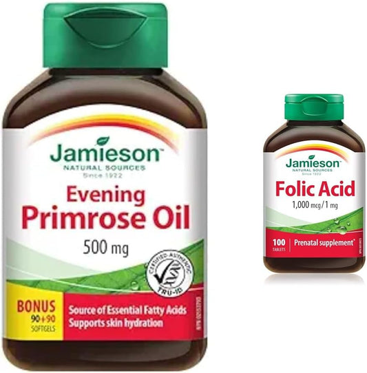 Evening Primrose Oil 500 mg Softgels - With Vitamin E, Gluten-Free, 180 Count (Pack of 1) & Folic Acid 1000mcg 100's 100 Tablets