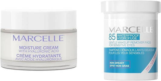 Marcelle Moisture Cream with Hyaluronic Acid, Vegan, Cruelty-Free, Clean Formula, Non-Comedogenic & Gentle Eye Make-Up Remover Pads, Sensitive Eyes, Waterproof Makeup Removal, Hypoallergenic