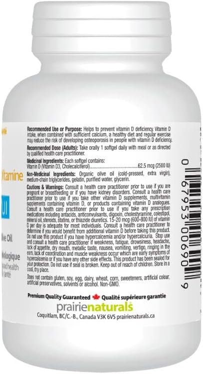 Prairie Naturals Vitamin D3 Cholecalciferol 2,500 IU in Organic Extra-Virgin Olive Oil Softgel - 90 Count