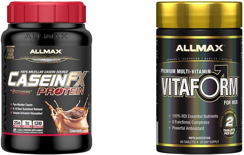 ALLMAX CASEIN-FX 巧克力 2 磅 & VITAFORM - 高级 - 男士高效复合维生素 - 30 天用量 - 60 粒