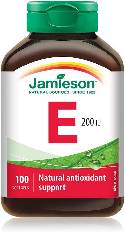 Jamieson 維生素 E 200 國際單位軟膠囊，天然抗氧化劑，有助於預防組織損傷和維生素 E 缺乏症。不含麩質，不含人工香料、色素或防腐劑，100 粒裝，加拿大製造