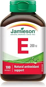 Jamieson 維生素 E 200 國際單位軟膠囊，天然抗氧化劑，有助於預防組織損傷和維生素 E 缺乏症。不含麩質，不含人工香料、色素或防腐劑，100 粒裝，加拿大製造