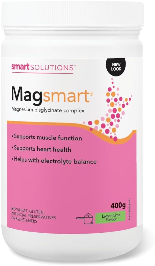 Smart Solutions Magsmart 檸檬青檸風味鎂粉，富含甘氨酸鎂複合物，有助於維持肌肉功能、心臟健康，並有助於平衡電解質。每份含 280 毫克甘胺酸鎂，不含人工防腐劑…