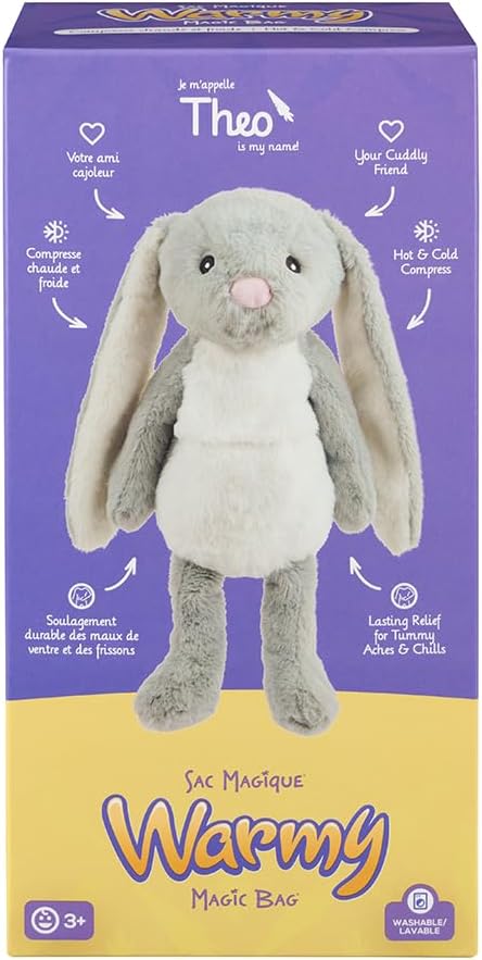 魔法袋 Warmy Theo the Bunny 冷热敷袋，屡获殊荣的舒适治疗伴侣，天然可堆肥，可拥抱疗法，加拿大卫生部注册，多功能健康伴侣