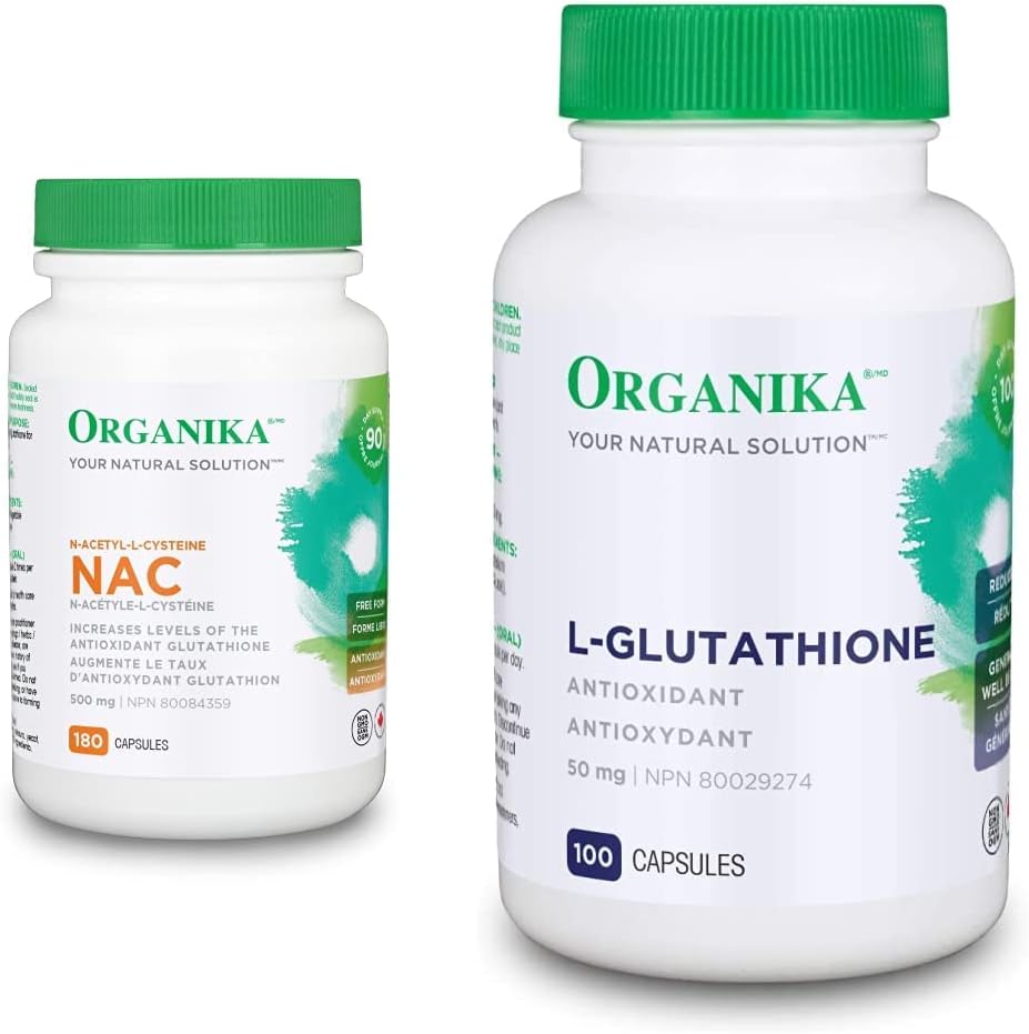 Organika NAC（N-乙醯-L-半胱氨酸）500毫克和L-穀胱甘肽（還原型）| 支持抗氧化和排毒水平，支持免疫系統和肝臟