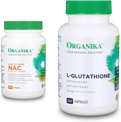 Organika NAC（N-乙醯-L-半胱氨酸）500毫克和L-穀胱甘肽（還原型）| 支持抗氧化和排毒水平，支持免疫系統和肝臟