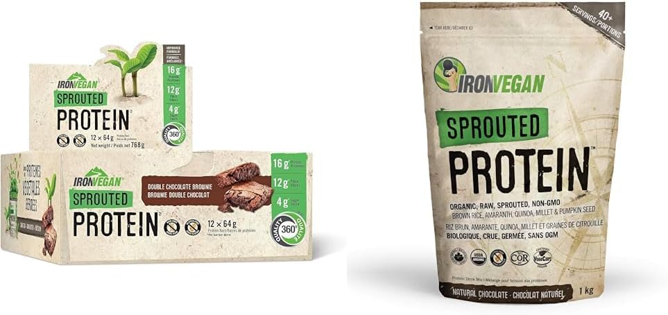 Iron Vegan Sprouted Protein Bars | Double Chocolate Brownie Flavour | 12 Pack & Sprouted Protein, Chocolate Flavour, 1kg | Vegan, plant-based, organic, gluten-free