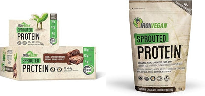 Iron Vegan Sprouted Protein Bars | Double Chocolate Brownie Flavour | 12 Pack & Sprouted Protein, Chocolate Flavour, 1kg | Vegan, plant-based, organic, gluten-free