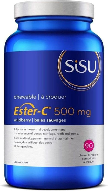 Sisu Ester-C 500毫克咀嚼片，漿果味，天然甜味維生素C，提供24小時免疫支持，酸性較低，比其他形式的維生素C更易吸收和保留，無麩質，純素