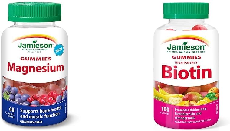 Jamieson 镁软糖 - 蔓越莓葡萄味，60 粒（1 包）和生物素软糖 - 高效，无麸质，无阿斯巴甜