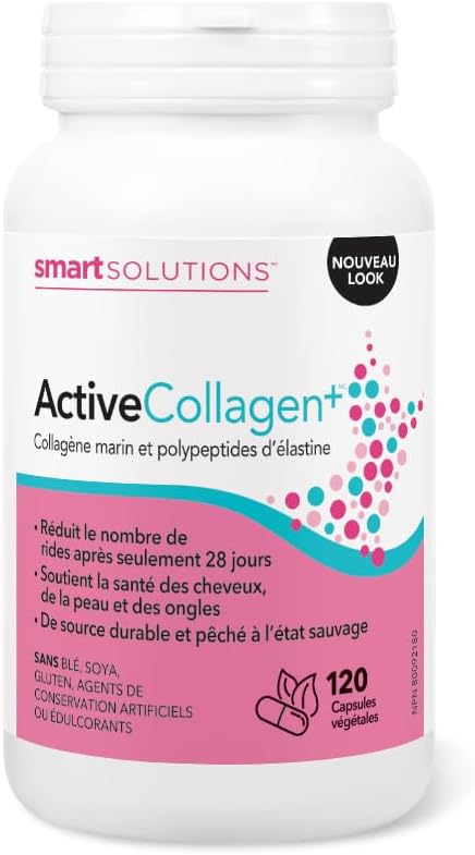 Smart Solutions Active Collagen+，含水解野生魚膠原蛋白和彈性蛋白多肽，支持頭髮、皮膚和指甲，120 粒素食膠囊
