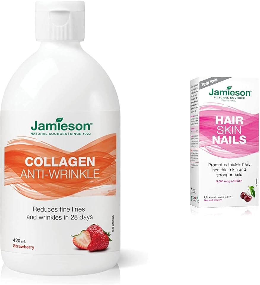 胶原蛋白抗皱液草莓味，420 毫升（1 包）& 头发、皮肤、指甲 - 5,000 微克生物素，天然樱桃味，无麸质，60 支（1 包）