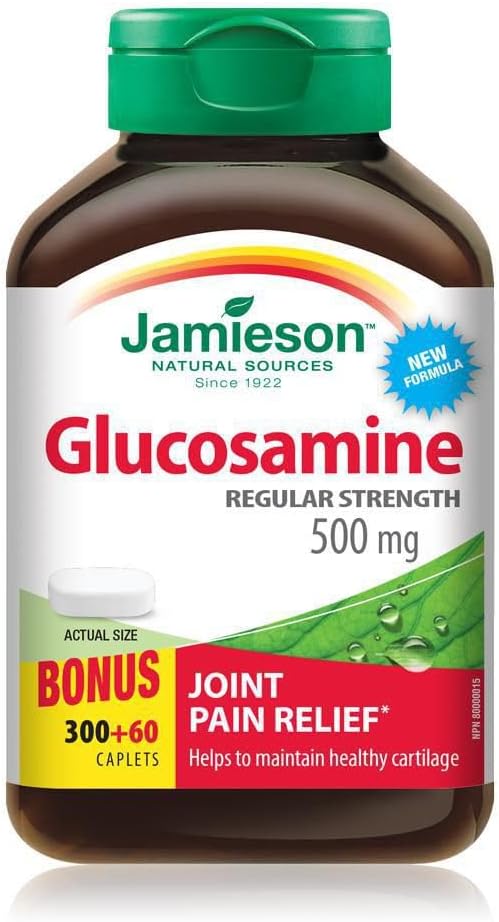 Jamieson 葡萄糖胺 500 毫克胶囊，加量装，缓解骨关节炎相关关节疼痛，并防止软骨退化。非转基因，无麸质，360 粒胶囊，加拿大制造