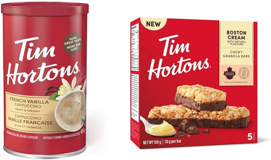Tim Horton 即溶卡布奇諾，法式香草味，16 盎司和波士頓奶油格蘭諾拉麥片棒，不含花生，5 條