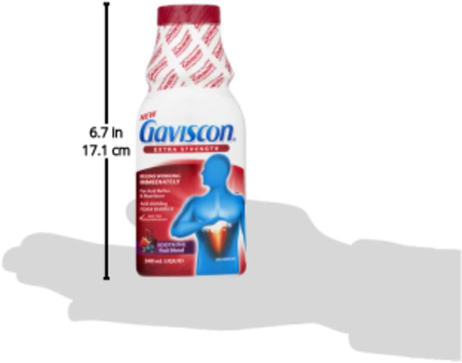 Gaviscon 液體強效抗酸劑 - 340 毫升 - 日夜緩解胃灼熱、胃酸倒流和胃食道逆流的抗酸液，水果混合物 - 不含鋁、乳糖和麩質