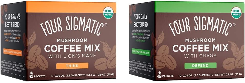 Four Sigma Foods Four Sigmatic Mushroom Coffee Mix Think With Lion's Mane & Chaga 10 Servings X 2.5g, Lion's Mane & Chaga, 10 Count & Mushroom Coffee Mix Get Going With cordyceps & Chaga, 10 Count