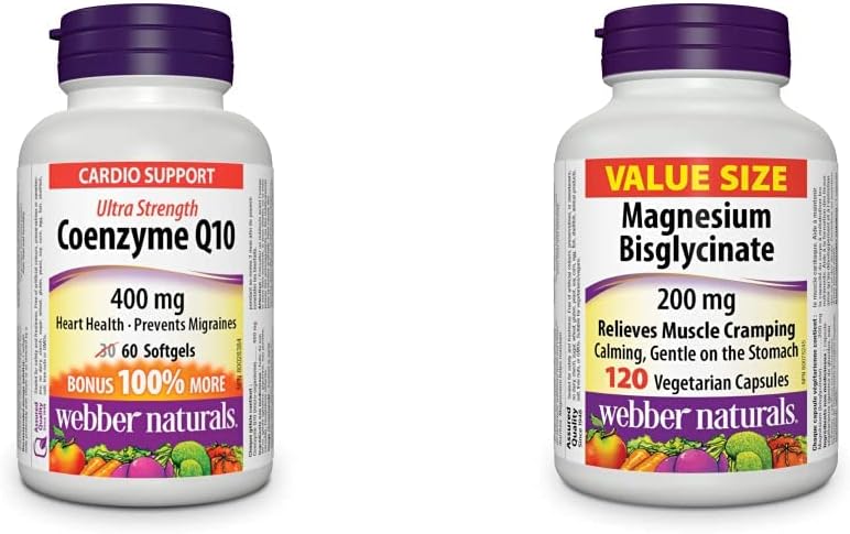 Webber Naturals 辅酶 Q10 (CoQ10) 400 毫克和双甘氨酸镁 200 毫克，120 粒胶囊，支持骨骼和肌肉功能，纯素