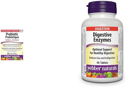Webber Naturals Probiotic 50 Billion Active Cells, 10 Probiotic Strains, 30 Capsules, For Digestive Health, Vegetarian & Digestive Enzymes, 90 Tablets, Digestive Support, Vegan