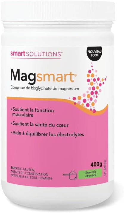 Smart Solutions Magsmart 檸檬青檸風味鎂粉，富含甘氨酸鎂複合物，有助於維持肌肉功能、心臟健康，並有助於平衡電解質。每份含 280 毫克甘胺酸鎂，不含人工防腐劑…