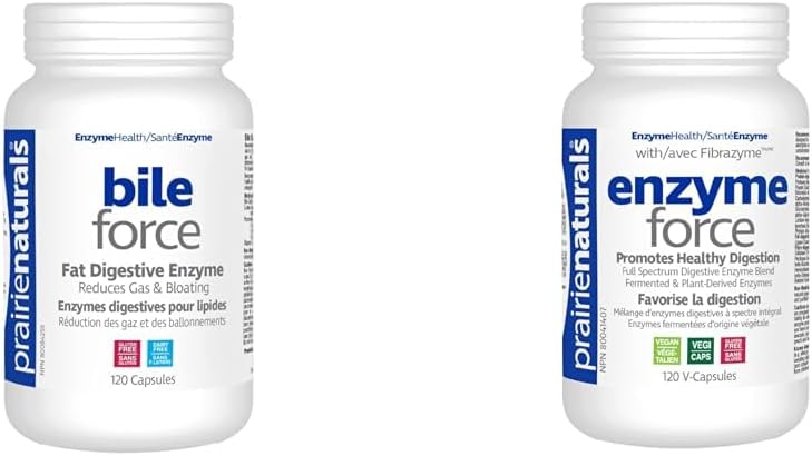 Prairie Naturals Bile-Force - Bile Salt with Lipase - 120 Count (Packaging may vary) & Prairie Naturals Enzyme Force - Full Spectrum Plant Enzyme with FibraZyme VCaps - 120 Count