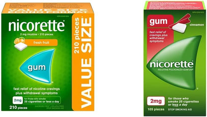Nicorette 戒烟辅助剂 | 尼古丁口香糖戒烟辅助剂（新鲜水果 2 毫克，210 片 + 肉桂 2 毫克，105 片）