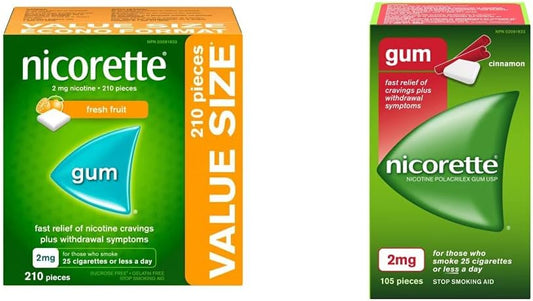 Nicorette 戒烟辅助剂 | 尼古丁口香糖戒烟辅助剂（新鲜水果 2 毫克，210 片 + 肉桂 2 毫克，105 片）