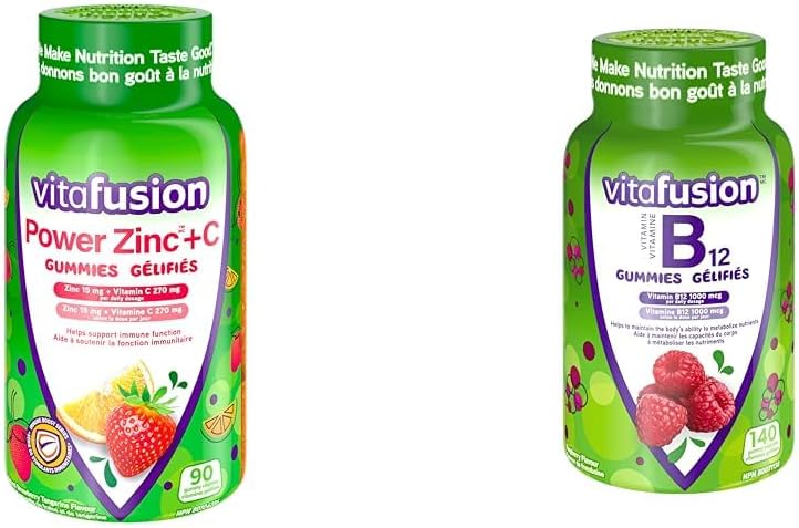 Vitafusion Power 鋅 + C 成人維生素軟糖，草莓橘子味，90 粒 & B12 成人維生素軟糖，1000 微克維生素 B12 每日劑量