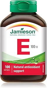 Jamieson 維生素 E 100 國際單位軟膠囊，天然抗氧化劑，有助於預防組織損傷和維生素 E 缺乏症。不含麩質，不含人工香料、色素或防腐劑，100 粒裝，加拿大製造