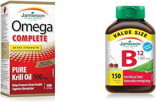 Jamieson Omega Complete 纯磷虾油 500 毫克加强型 - 100 粒软胶囊，包装可能有所不同，维生素 B12 甲钴胺 1,000 微克速溶片 - 超值装