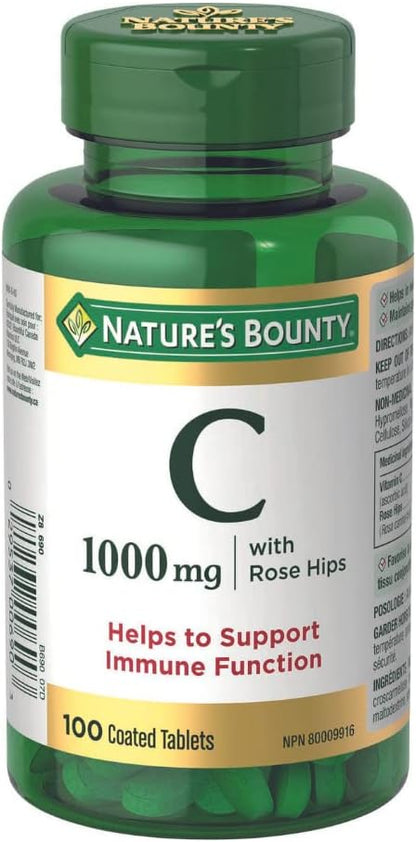 Nature's Bounty 维生素 D3 丸剂和补充剂，有助于支持免疫功能，1000 国际单位，500 粒软胶囊和含玫瑰果的维生素 C 补充剂，有助于维持身体健康，1000 毫克，100 片