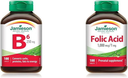 Jamieson 维生素 B6 吡哆醇 250 毫克，100 片（1 包）和叶酸 1000 微克 100 片
