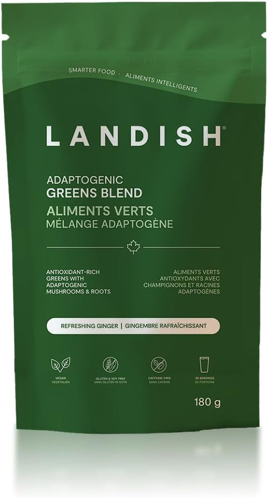 Landish Adaptogenic Greens Powder - Canadian-Grown Organic Greens, Spirulina, Functional Roots & Mushrooms - Energy, Digestion & Immunity - Vegan, Gluten & Caffeine-Free - Made in Canada - 180 g