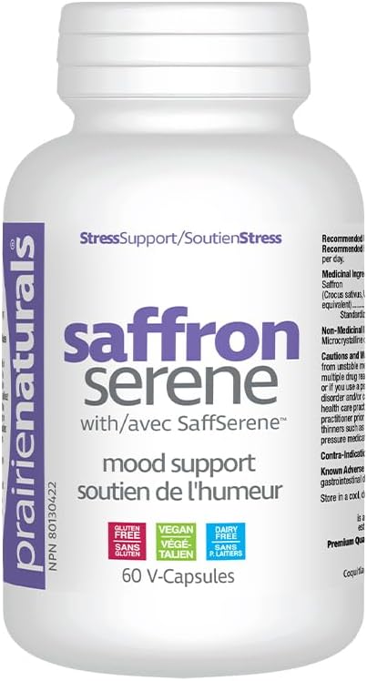 Prairie Naturals Saffron Serene 含 SaffSerene™，有助於改善情緒、集中註意力和保持平靜，溫和，純素，無麩質，非轉基因，加拿大製造，60 粒 v 膠囊