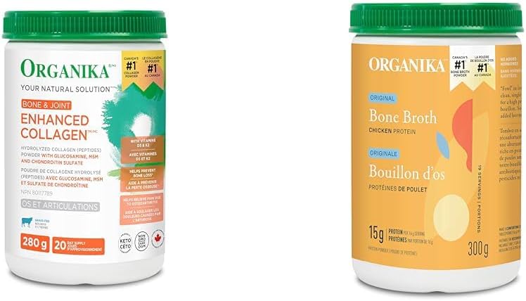 Organika 增強膠原蛋白骨骼和關節粉 - 含葡萄糖胺、MSM、硫酸軟骨素和雞骨湯粉 - 放養雞和素食雞 - 生酮友好