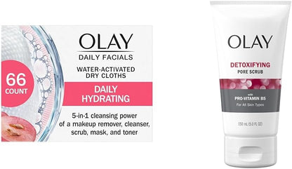 Olay Daily Facials 5-In-One Hydrating Cleansing Cloths with Grapeseed Extract, 66 Count & Regenerist Micro-Sculpting Scrub Facial Cleanser, Face Wash, 150 ml