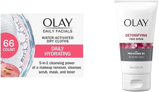 Olay Daily Facials 5-In-One Hydrating Cleansing Cloths with Grapeseed Extract, 66 Count & Regenerist Micro-Sculpting Scrub Facial Cleanser, Face Wash, 150 ml