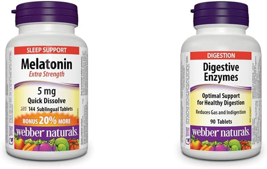 Webber Naturals Melatonin 5 mg Extra Strength (144 Quick Dissolve Tablets) + Digestive Enzymes (90 Tablets) Bundle