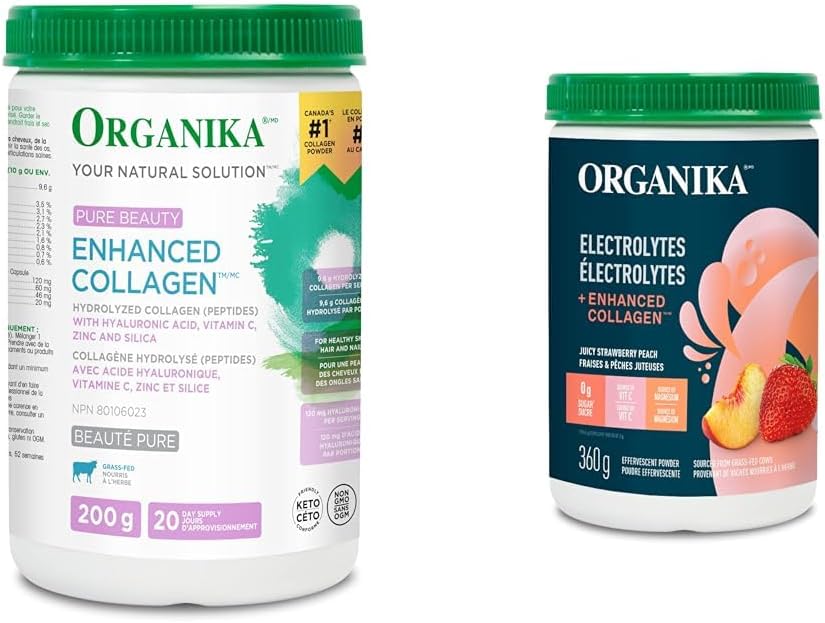 Organika 增強膠原蛋白純美 200g + Organika 電解質 + 增強膠原蛋白草莓桃 360g（30 份）