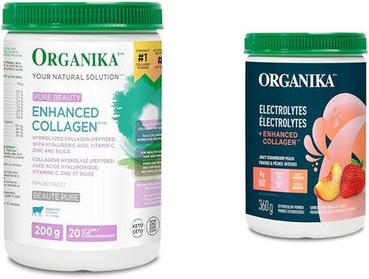 Organika 增強膠原蛋白純美 200g + Organika 電解質 + 增強膠原蛋白草莓桃 360g（30 份）