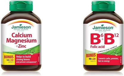 Jamieson 钙镁锌复合片，200 粒（1 包）以及维生素 B6、维生素 B12 和叶酸复合片，110 粒（1 包）