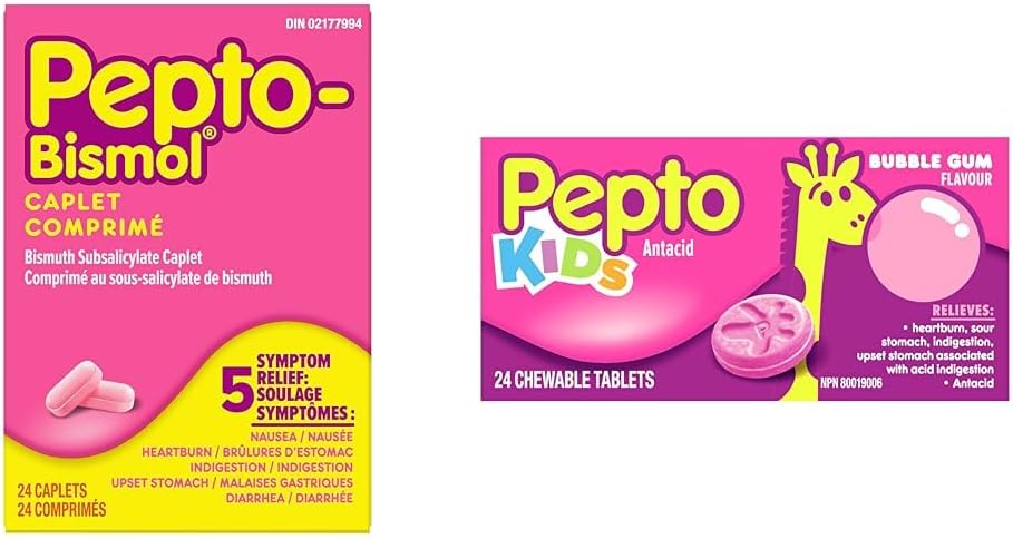 Pepto Bismol 膠囊，緩解胃部不適、腹瀉、灼熱、噁心、消化不良 & 兒童咀嚼片，緩解胃部不適、腹瀉、灼熱、噁心、消化不良